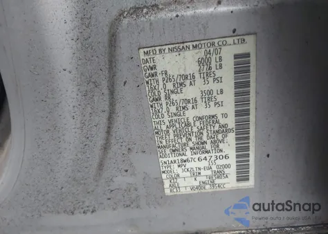 2007 Nissan Pathfinder Se из США, поврежденный, VIN 5N1AR18W67C647306